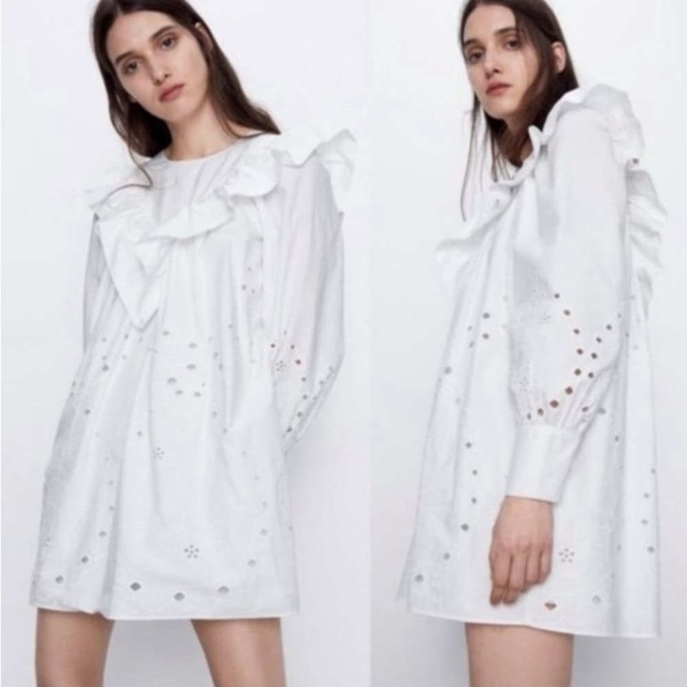 Zara White Embroidered Eyelet Puff Sleeve Dress Size M